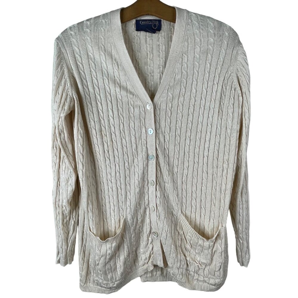 Country Shop Cardigan Size Small Cable Knit Button Front Long Sleeve Silk Cream